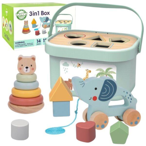 3in1 Toy Box - Sorting Blocks, Stackable Pyramid and Elephant On Wheels - Image 5