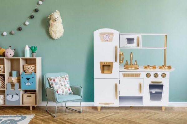 Große weiße und goldene Holzspielküche für Kinder – Bild 5