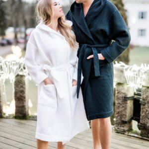 Waffle Cotton UNISEX Robe with Hood - Black