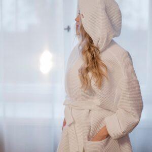 Waffle Cotton UNISEX Robe with Hood - Light Grey