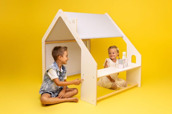 MeowBaby® White Wooden House for Kids - Pink Roof - Image 7