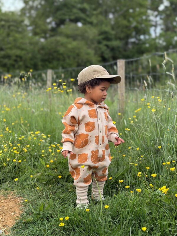 Baby Jumpsuit with Hood - Bear in Glasses on Beige - Image 3