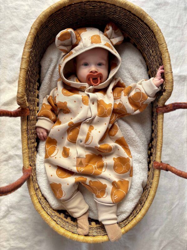 Baby Jumpsuit with Hood - Bear in Glasses on Beige - Image 6