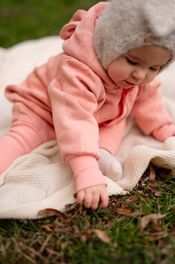 Baby Jumpsuit with Hood - Bear in Glasses on Peach Print - Image 6