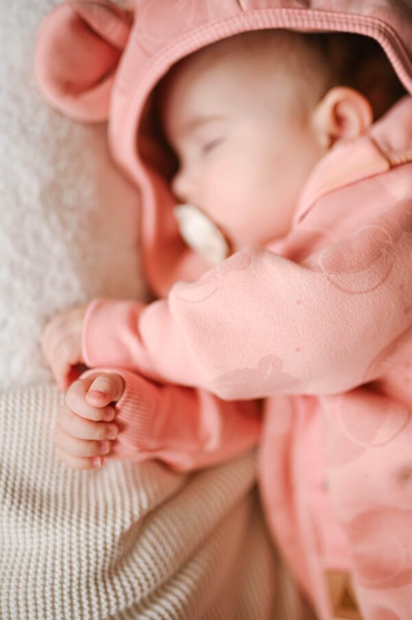 Baby Jumpsuit with Hood - Bear in Glasses on Peach Print - Image 5