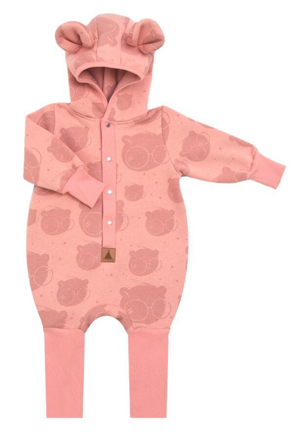 Baby Jumpsuit with Hood - Bear in Glasses on Peach Print - Image 2