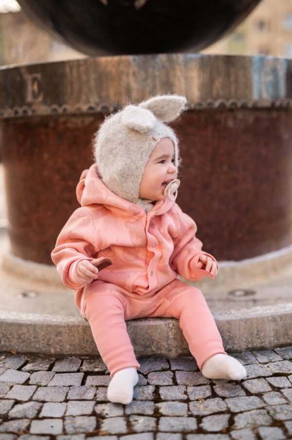 Baby Jumpsuit with Hood - Bear in Glasses on Peach Print - Image 3