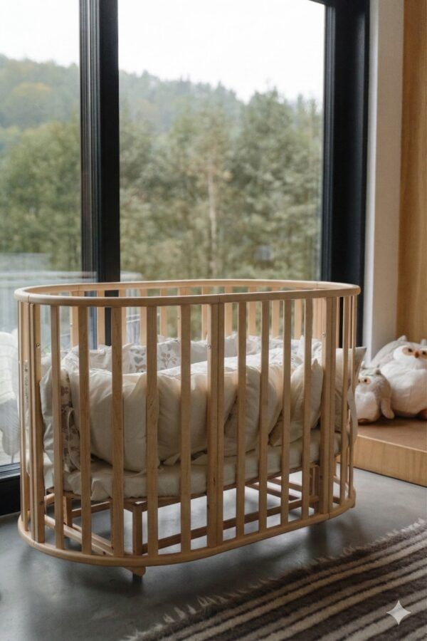 Round Baby Crib OLIN with Mattress - Natural - Image 7
