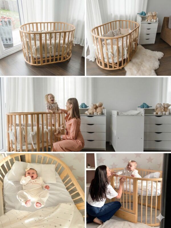 Round Baby Crib OLIN with Mattress - Natural - Image 5