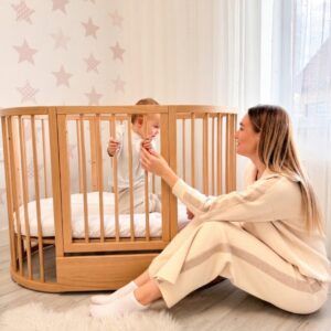 Round Baby Crib OLIN with Mattress - Natural