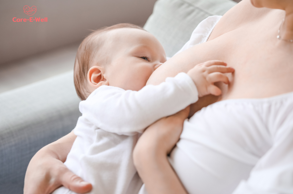 Newborn positioned close to the breast for a deep breastfeeding latch