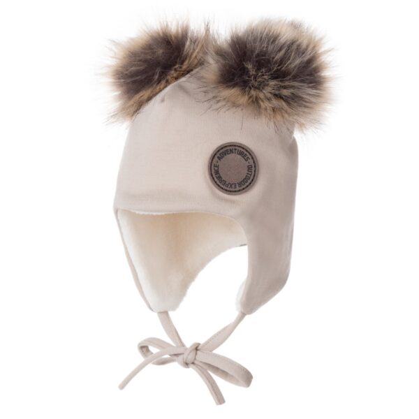 Beige Merino Wool Baby Hat with Faux-Fur Pompoms - Image 2