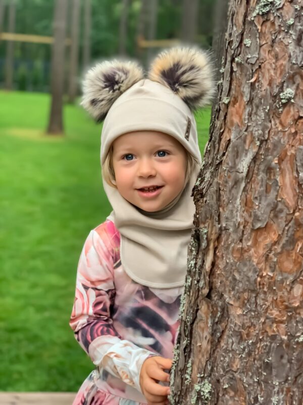 Beige Merino Wool Double Pom-Pom Balaclava - Image 4