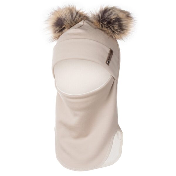 Beige Merino Wool Double Pom-Pom Balaclava - Image 2