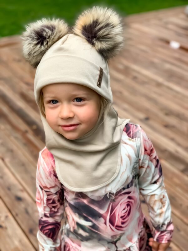 Beige Merino Wool Double Pom-Pom Balaclava - Image 6
