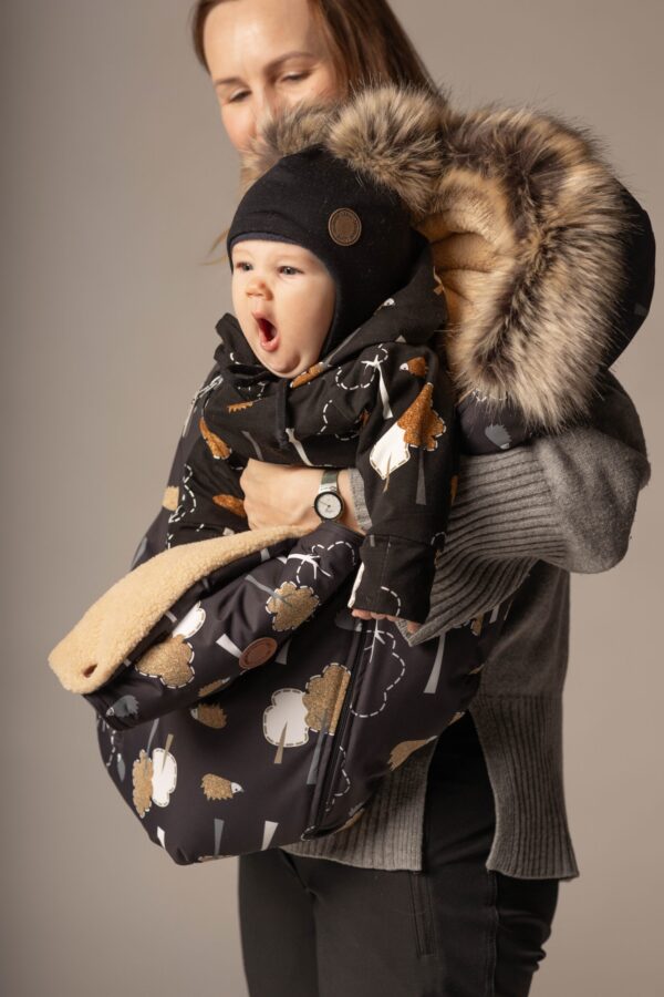 Black Merino Wool Baby Hat with Faux-Fur Pompoms - Image 3
