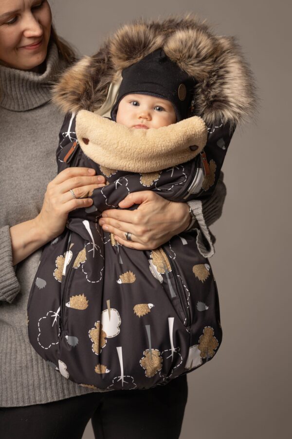 Black Merino Wool Baby Hat with Faux-Fur Pompoms - Image 2