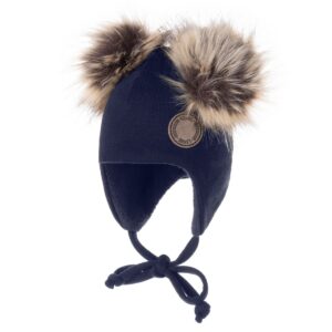 Blue Merino Wool Baby Hat with Faux-Fur Pompoms