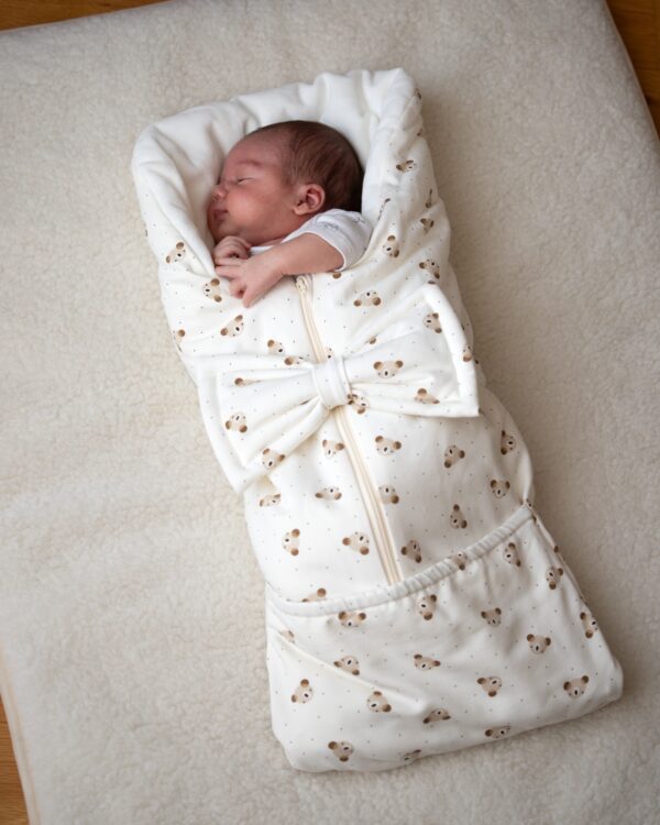 Bow Baby Sleeping Bag and Blanket – Beige / White, 0–6 Months - Image 3