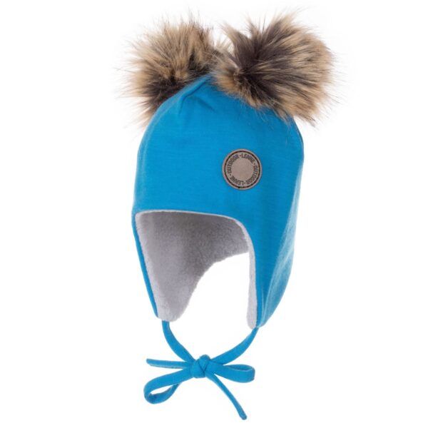 Bright Blue Merino Wool Baby Hat with Faux-Fur Pompoms - Image 2