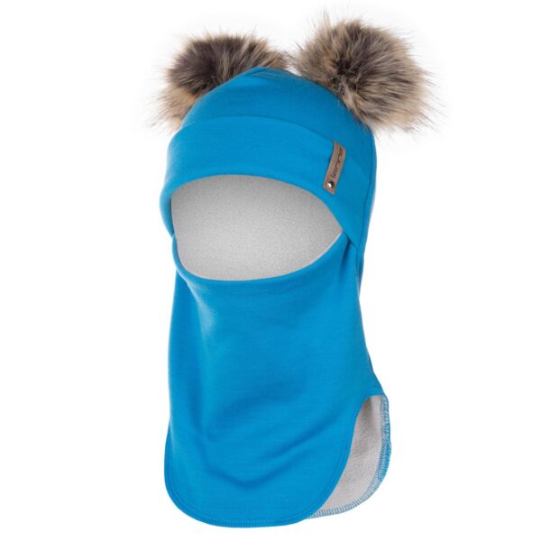 Bright Blue Merino Wool Double Pom-Pom Balaclava - Image 2