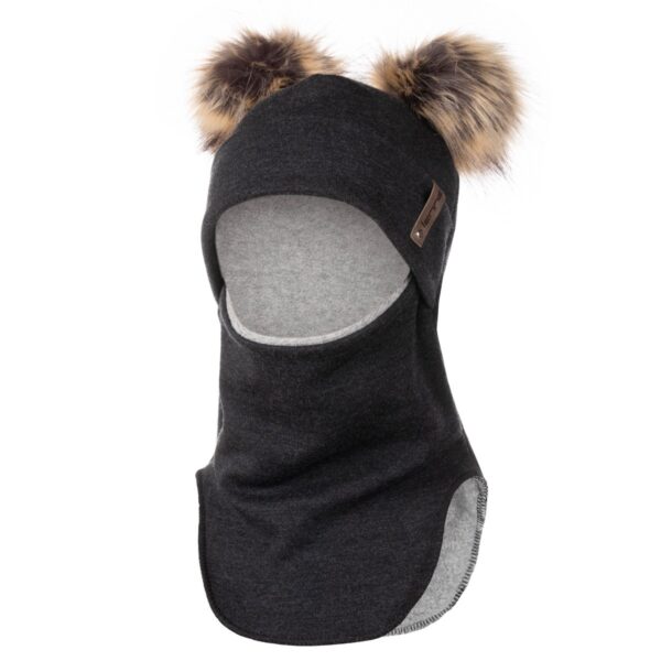 Dark Grey Merino Wool Double Pom-Pom Balaclava