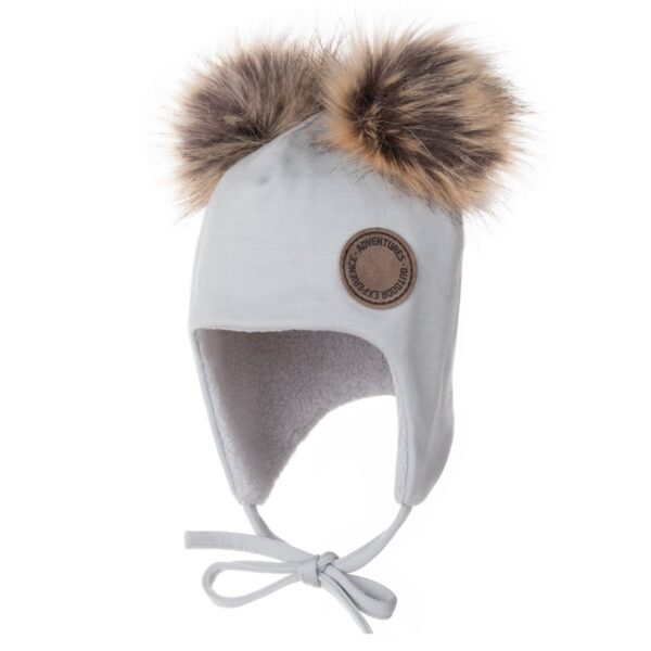 Grey Merino Wool Baby Hat with Faux-Fur Pompoms - Image 2