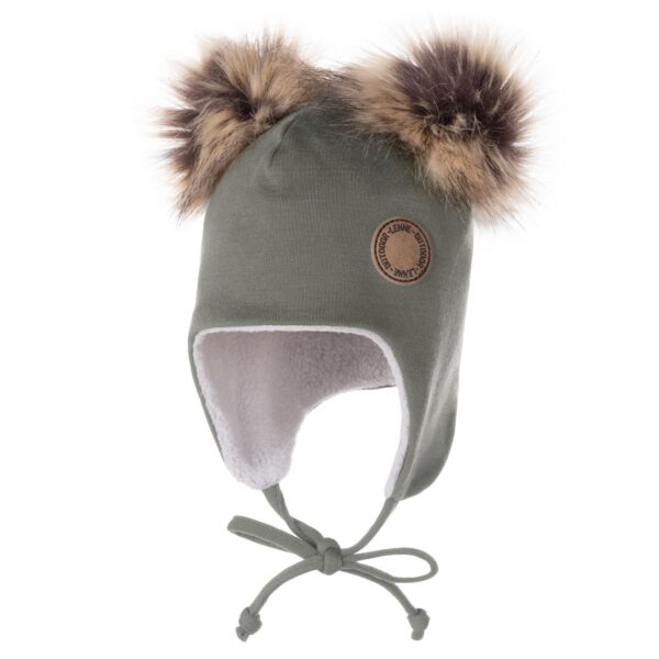 Khaki and Green Merino Wool Baby Hat with Faux-Fur Pompoms - Image 2