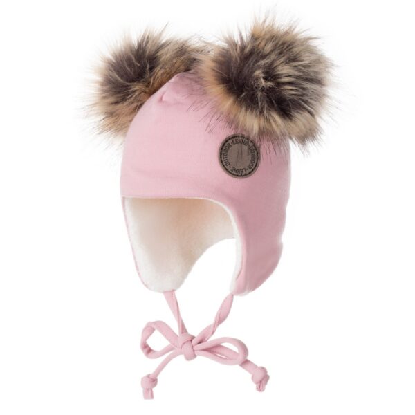 Pink Merino Wool Baby Hat with Faux-Fur Pompoms - Image 2